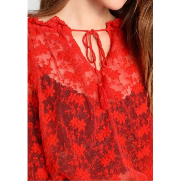 Free People Jubilee Sheer Mesh Floral Lace Embroidered Top Women's Sz Large Red - Picture 4 of 9